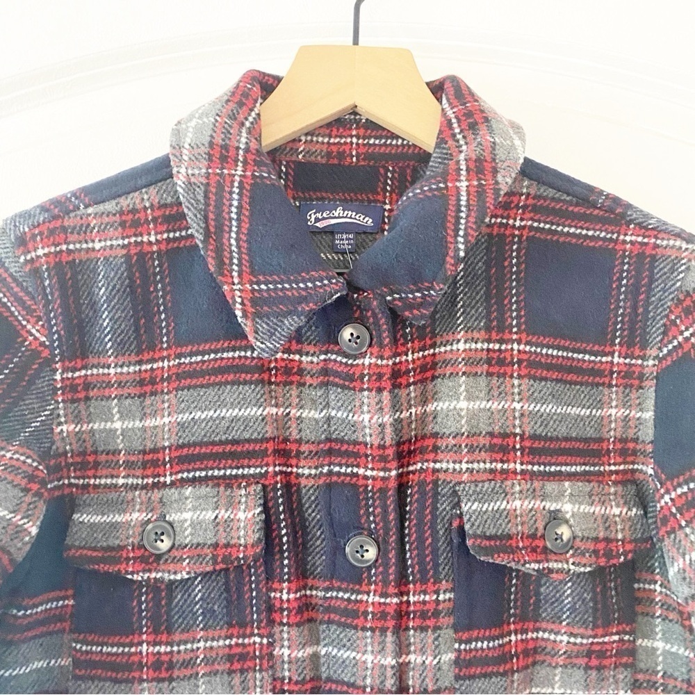 FRESHMAN Girls Flannel Plaid Fringe Trim Shacket NEW - Picture 3 of 8